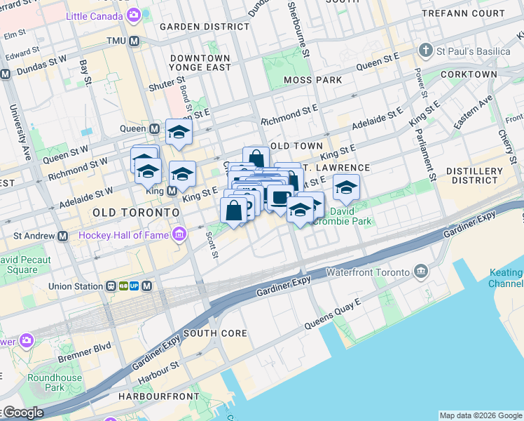 map of restaurants, bars, coffee shops, grocery stores, and more near 81A Front Street East in Toronto