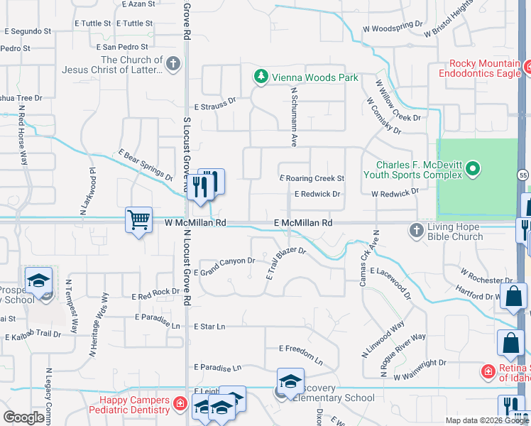 map of restaurants, bars, coffee shops, grocery stores, and more near 1970 East McMillan Road in Meridian