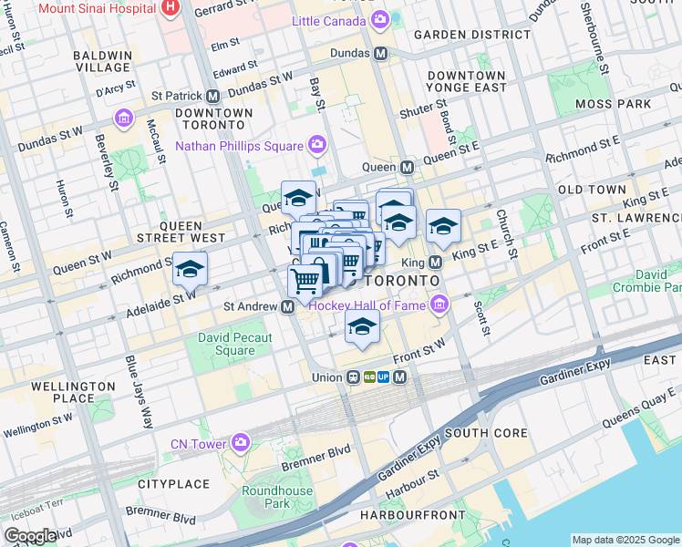 map of restaurants, bars, coffee shops, grocery stores, and more near 100 King Street West in Toronto