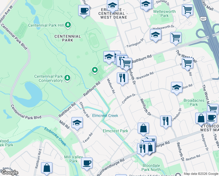 map of restaurants, bars, coffee shops, grocery stores, and more near in Toronto