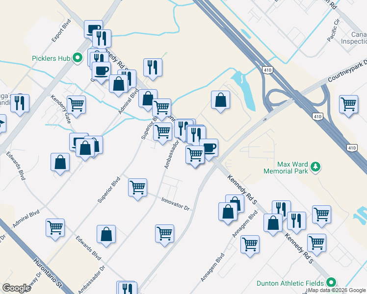 map of restaurants, bars, coffee shops, grocery stores, and more near 6660 Kennedy Road South in Mississauga