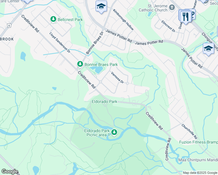 map of restaurants, bars, coffee shops, grocery stores, and more near 17 Lloyd Sanderson Drive in Brampton