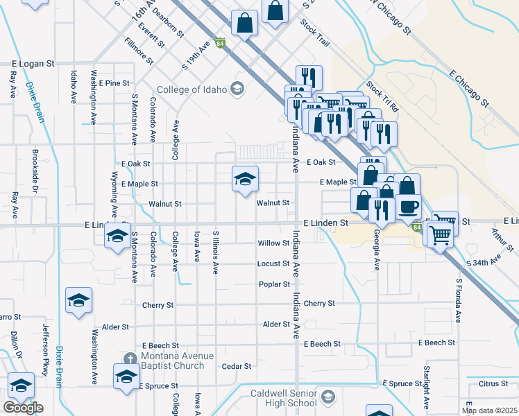map of restaurants, bars, coffee shops, grocery stores, and more near 2408 South Ohio Avenue in Caldwell