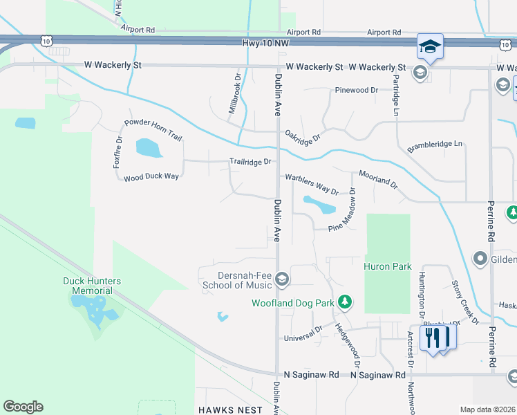 map of restaurants, bars, coffee shops, grocery stores, and more near 5515 Greenridge Drive in Midland