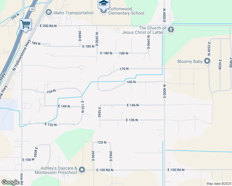 map of restaurants, bars, coffee shops, grocery stores, and more near 3964 East 160 North in Rigby