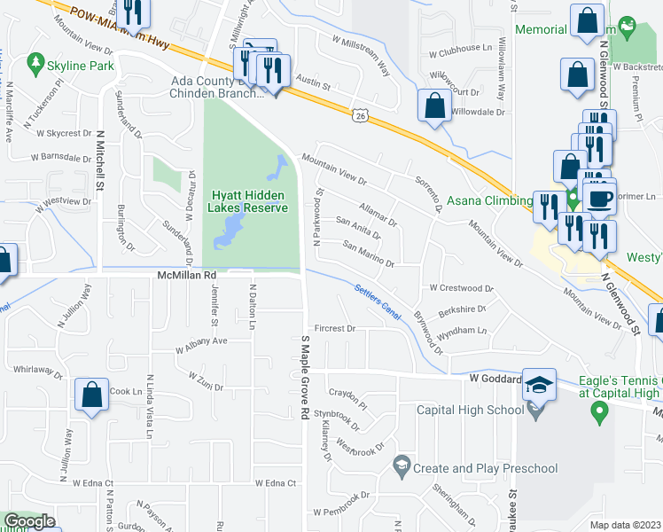 map of restaurants, bars, coffee shops, grocery stores, and more near 8911 Brynwood Drive in Boise