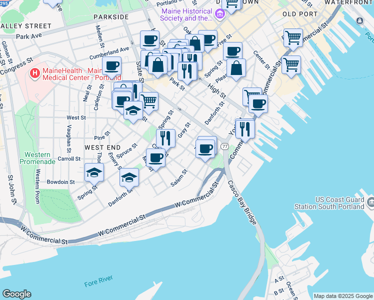 map of restaurants, bars, coffee shops, grocery stores, and more near 188 Danforth Street in Portland