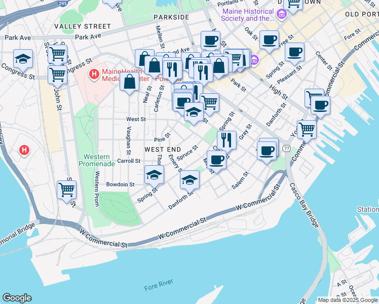 map of restaurants, bars, coffee shops, grocery stores, and more near 271 Spring Street in Portland