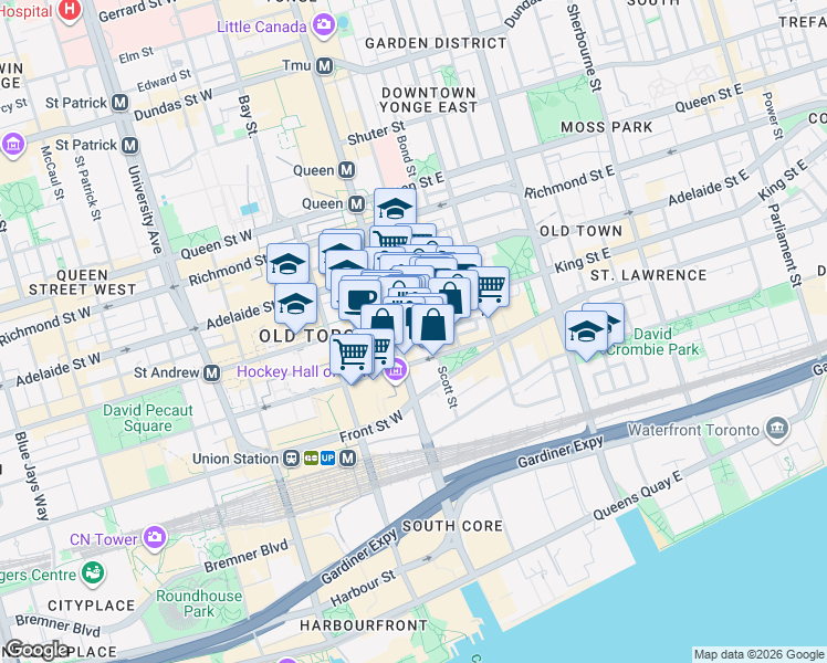 map of restaurants, bars, coffee shops, grocery stores, and more near in Toronto
