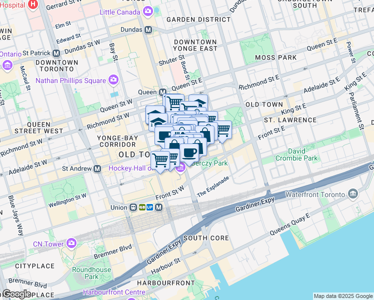 map of restaurants, bars, coffee shops, grocery stores, and more near 8 Colborne Street in Toronto
