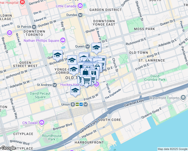 map of restaurants, bars, coffee shops, grocery stores, and more near 1 King Street West in Toronto