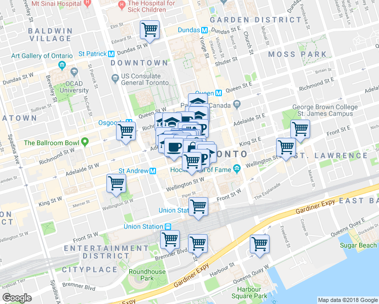 map of restaurants, bars, coffee shops, grocery stores, and more near in Toronto