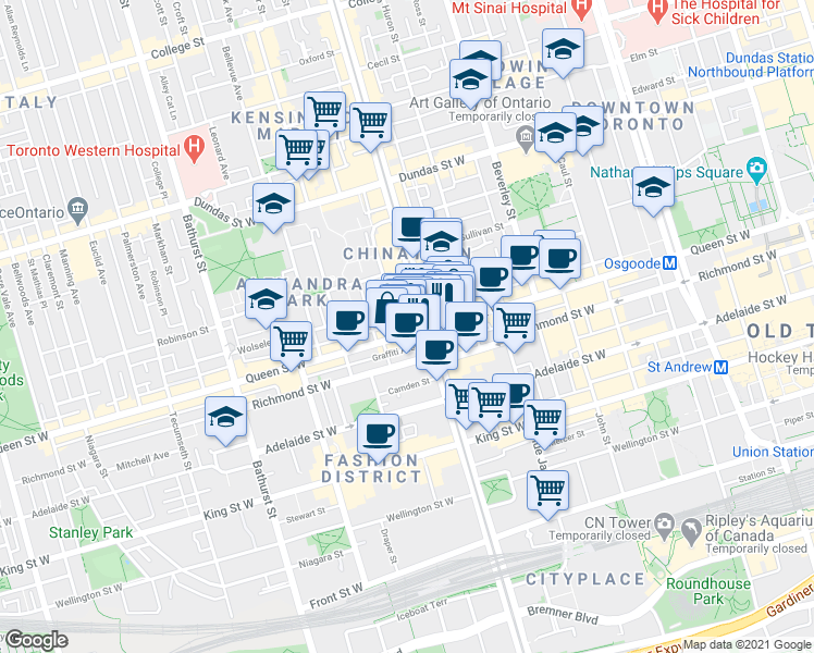 map of restaurants, bars, coffee shops, grocery stores, and more near 437A Queen Street West in Toronto