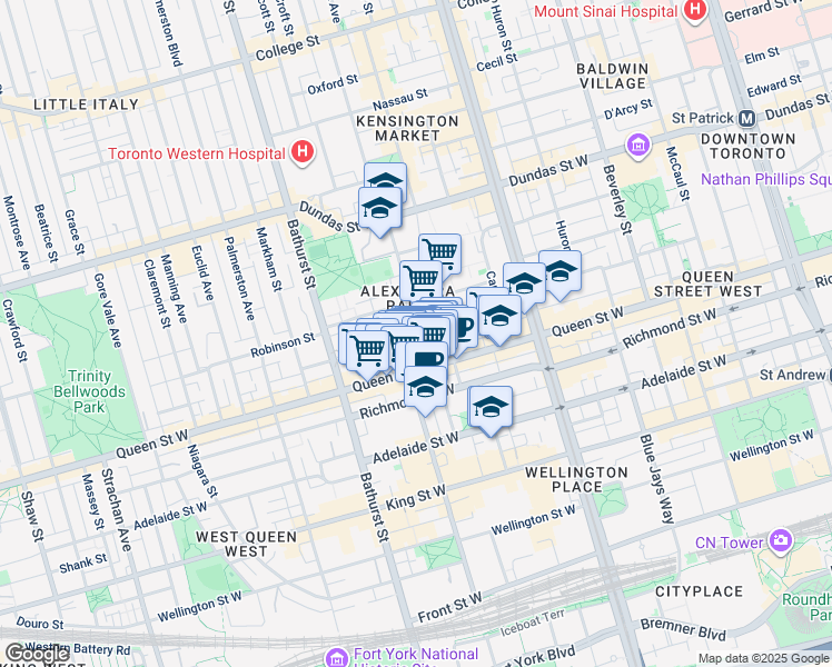 map of restaurants, bars, coffee shops, grocery stores, and more near 12 Denison Avenue in Toronto
