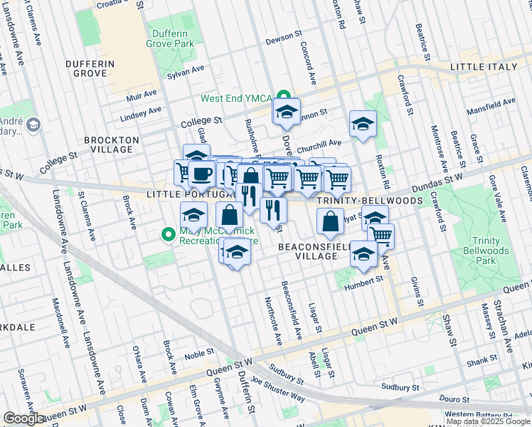 map of restaurants, bars, coffee shops, grocery stores, and more near in Toronto
