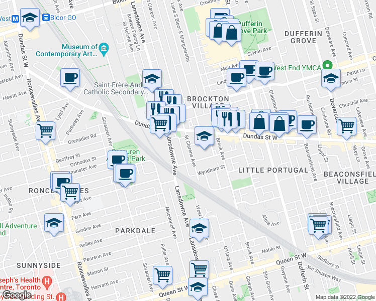 map of restaurants, bars, coffee shops, grocery stores, and more near in Toronto
