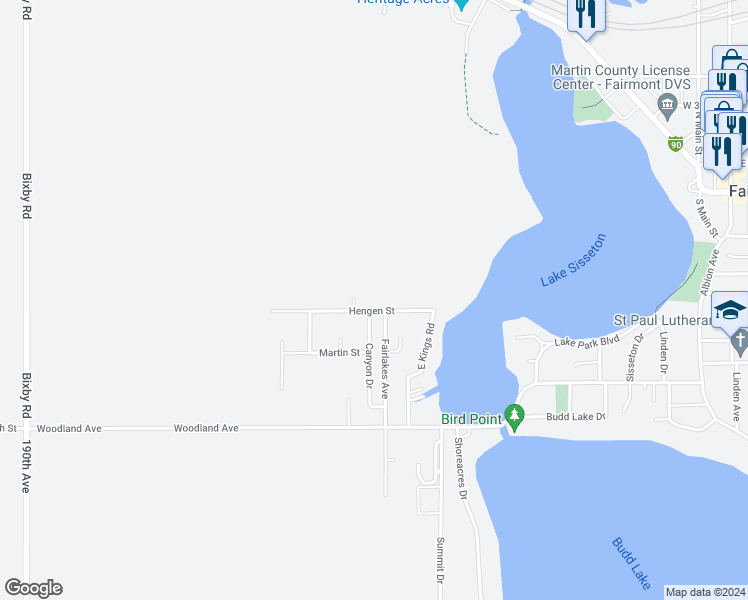 map of restaurants, bars, coffee shops, grocery stores, and more near 900 Hengen Street in Fairmont
