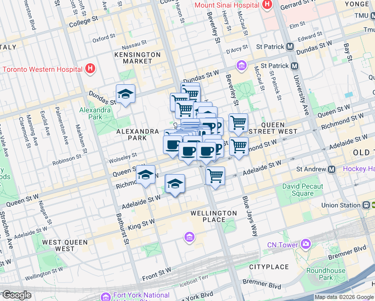 map of restaurants, bars, coffee shops, grocery stores, and more near 400 Queen Street West in Toronto