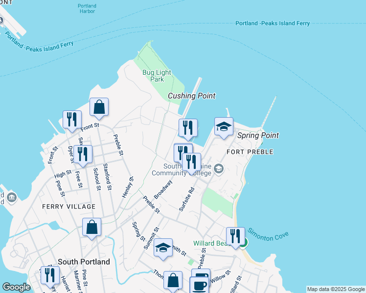 map of restaurants, bars, coffee shops, grocery stores, and more near 1 Cushing Court in South Portland