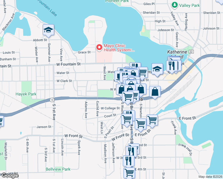 map of restaurants, bars, coffee shops, grocery stores, and more near 314 West William Street in Albert Lea
