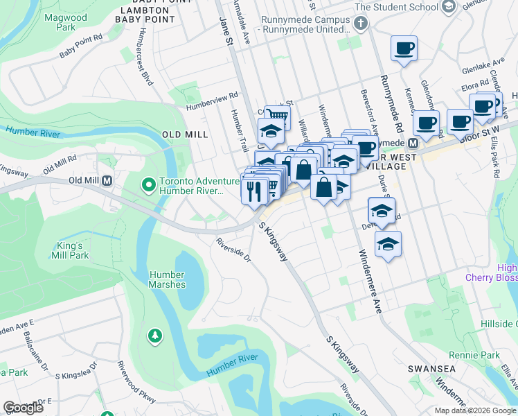 map of restaurants, bars, coffee shops, grocery stores, and more near 2452 Bloor Street West in Toronto