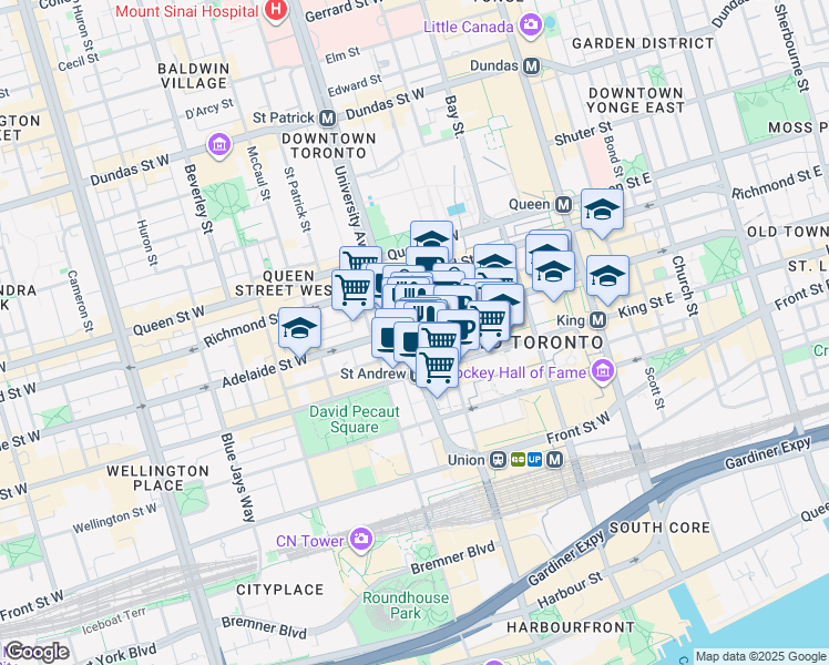 map of restaurants, bars, coffee shops, grocery stores, and more near 114 York Street in Toronto