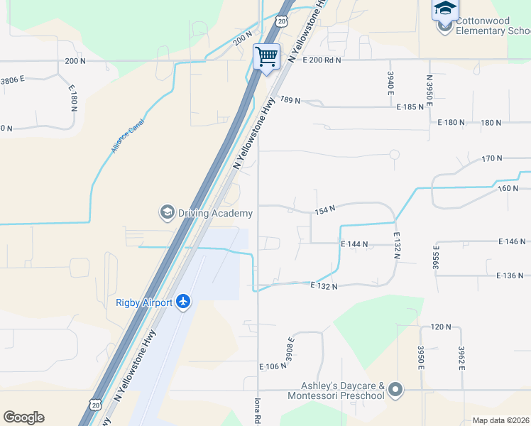 map of restaurants, bars, coffee shops, grocery stores, and more near 153-157 North 3900 East in Rigby