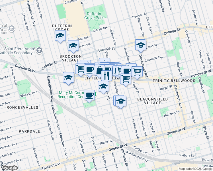 map of restaurants, bars, coffee shops, grocery stores, and more near 2 Federal Street in Toronto
