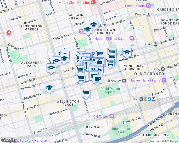 map of restaurants, bars, coffee shops, grocery stores, and more near 255 Richmond Street West in Toronto