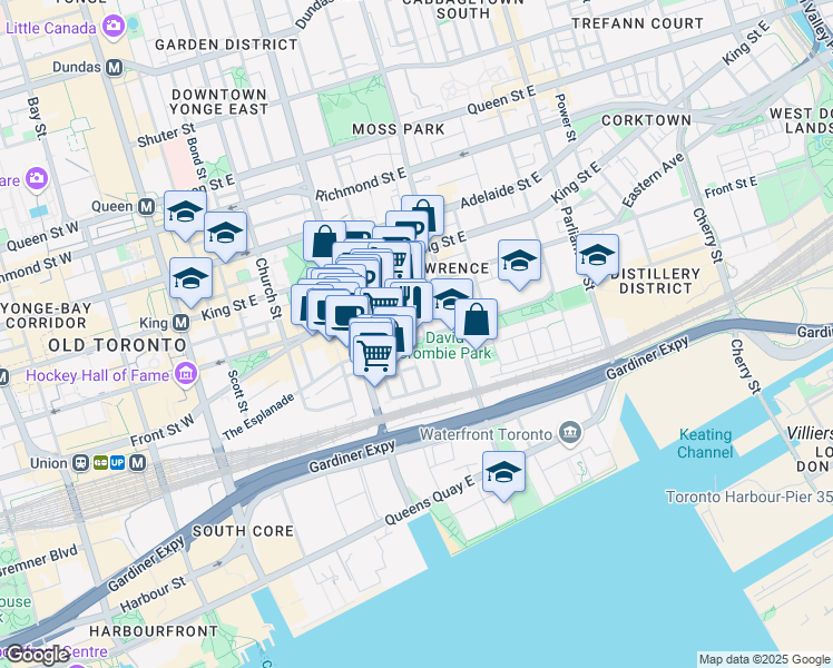 map of restaurants, bars, coffee shops, grocery stores, and more near 164 The Esplanade in Toronto