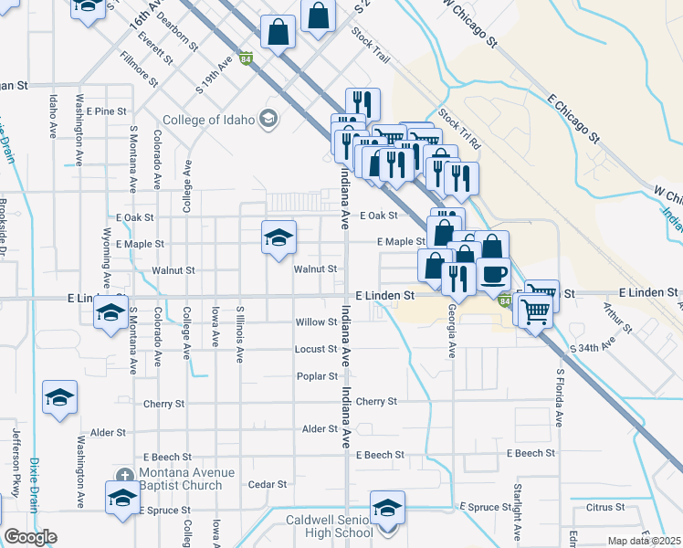 map of restaurants, bars, coffee shops, grocery stores, and more near 2406 Indiana Avenue in Caldwell