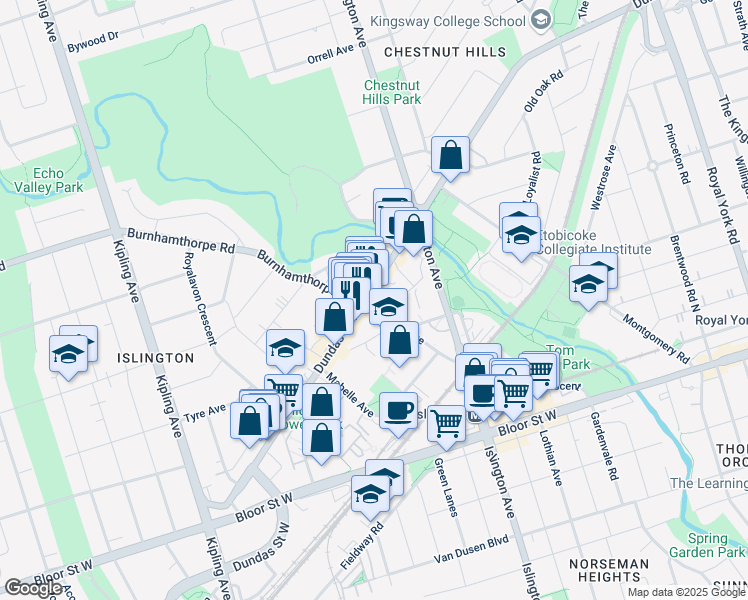 map of restaurants, bars, coffee shops, grocery stores, and more near 4905 Dundas Street West in Toronto