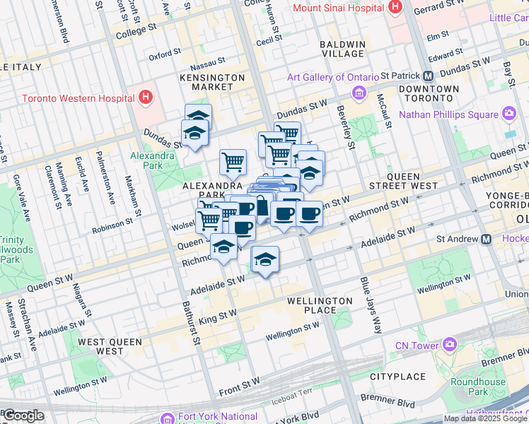 map of restaurants, bars, coffee shops, grocery stores, and more near 7 Vanauley Street in Toronto