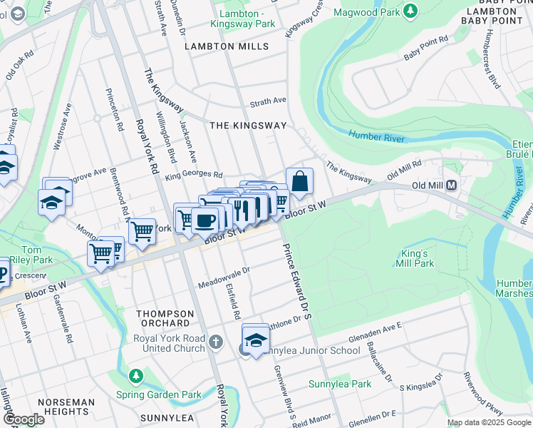 map of restaurants, bars, coffee shops, grocery stores, and more near 2888 Bloor Street West in Toronto