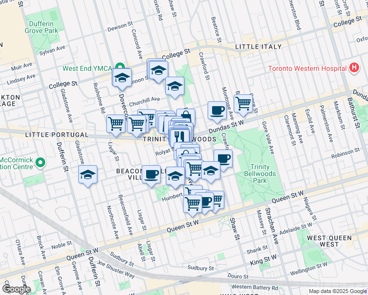 map of restaurants, bars, coffee shops, grocery stores, and more near 217 Ossington Avenue in Toronto