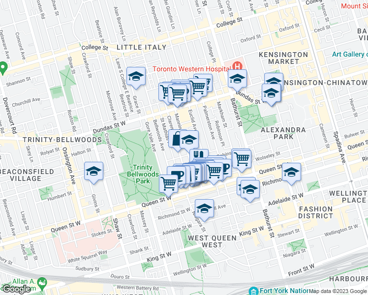 map of restaurants, bars, coffee shops, grocery stores, and more near 98 Manning Avenue in Toronto