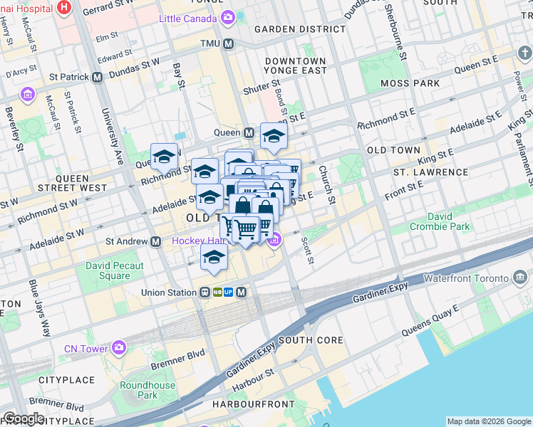 map of restaurants, bars, coffee shops, grocery stores, and more near 1 King Street West in Toronto
