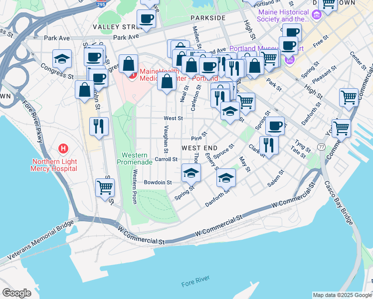 map of restaurants, bars, coffee shops, grocery stores, and more near 52 Neal Street in Portland