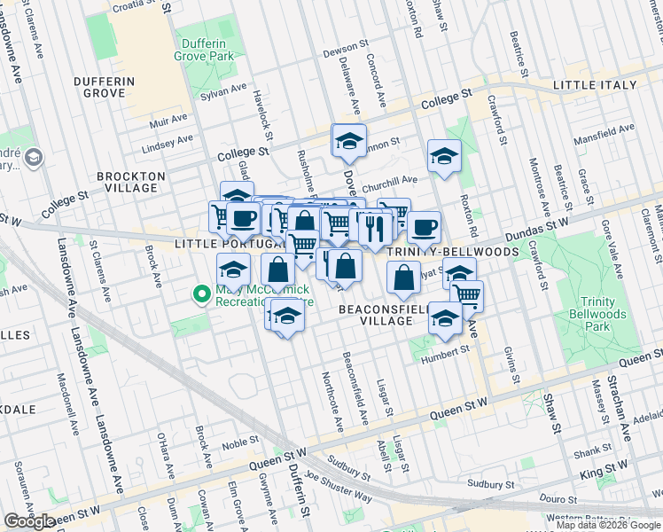 map of restaurants, bars, coffee shops, grocery stores, and more near 285 Lisgar Street in Toronto