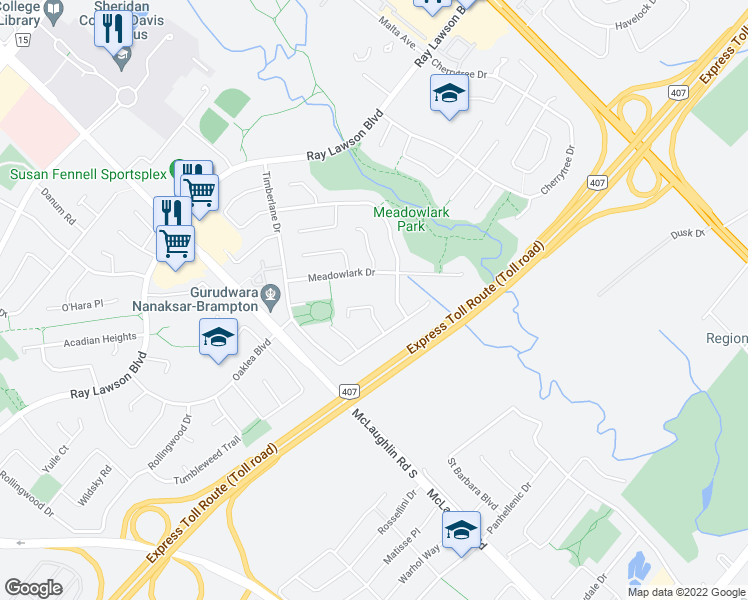 map of restaurants, bars, coffee shops, grocery stores, and more near 15 Saddlecreek Court in Brampton