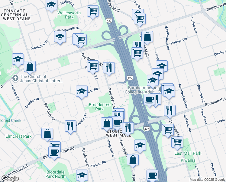 map of restaurants, bars, coffee shops, grocery stores, and more near 505 The West Mall in Toronto