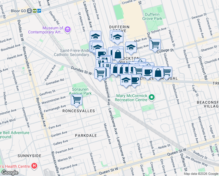 map of restaurants, bars, coffee shops, grocery stores, and more near 247 Lansdowne Avenue in Toronto