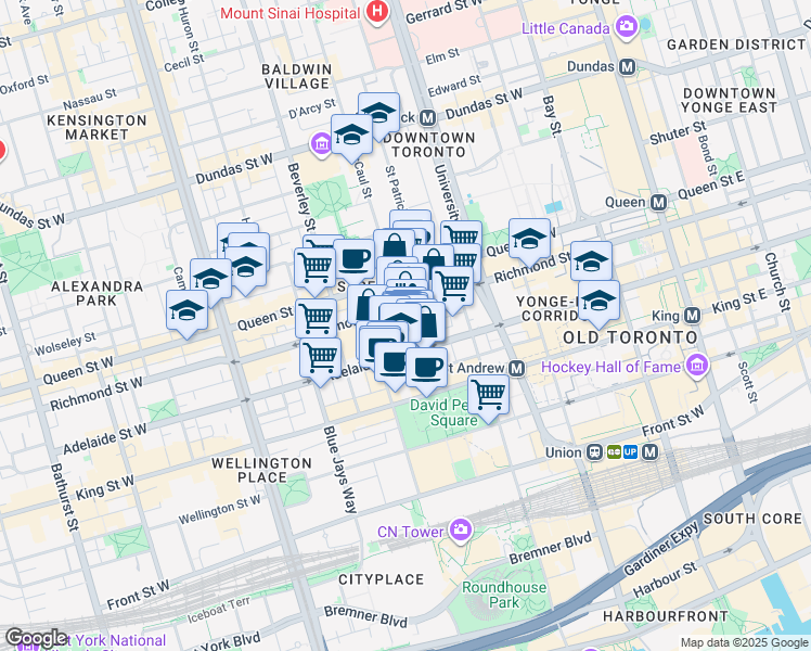 map of restaurants, bars, coffee shops, grocery stores, and more near 30 Duncan Street in Toronto