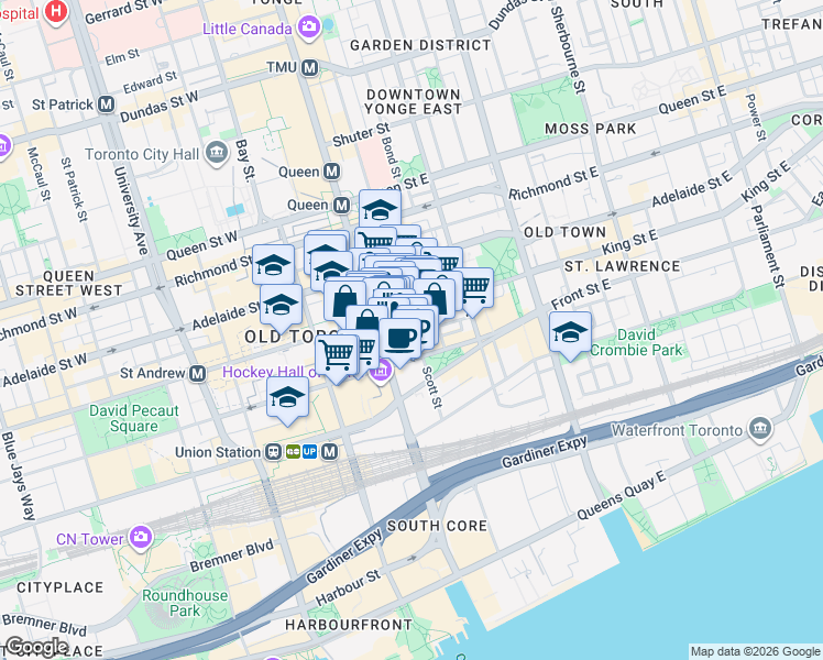 map of restaurants, bars, coffee shops, grocery stores, and more near 4 Victoria Street in Toronto