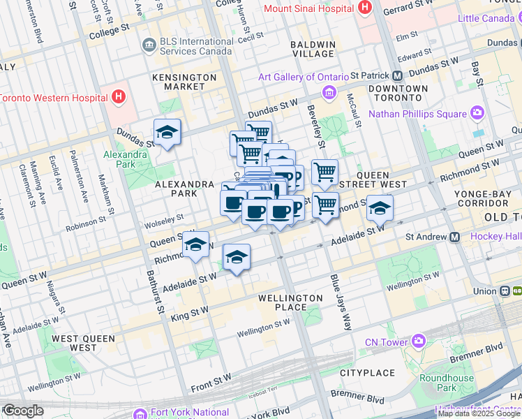 map of restaurants, bars, coffee shops, grocery stores, and more near 437A Queen Street West in Toronto