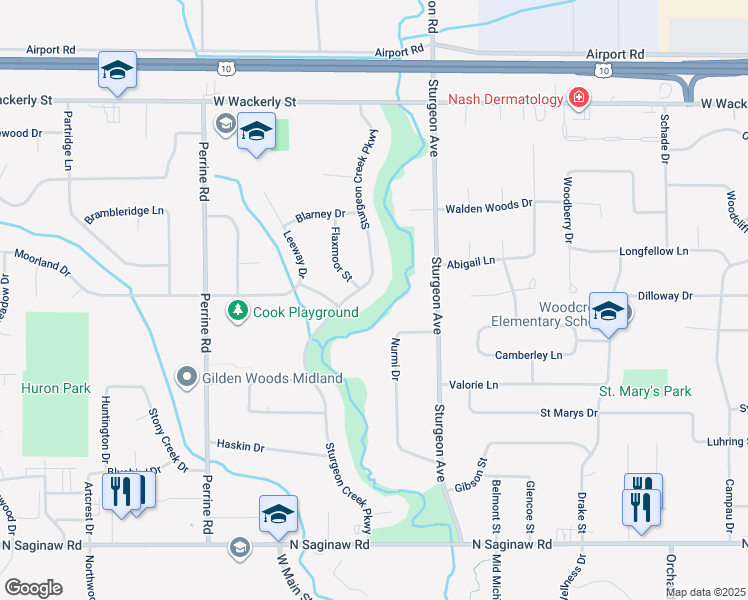 map of restaurants, bars, coffee shops, grocery stores, and more near 5500 Sturgeon Creek Parkway in Midland
