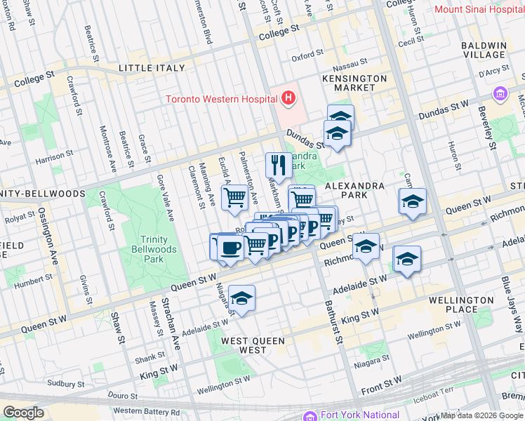 map of restaurants, bars, coffee shops, grocery stores, and more near in Toronto