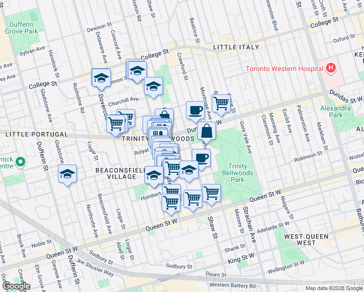 map of restaurants, bars, coffee shops, grocery stores, and more near 14 Halton Street in Toronto