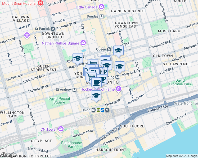 map of restaurants, bars, coffee shops, grocery stores, and more near in Toronto