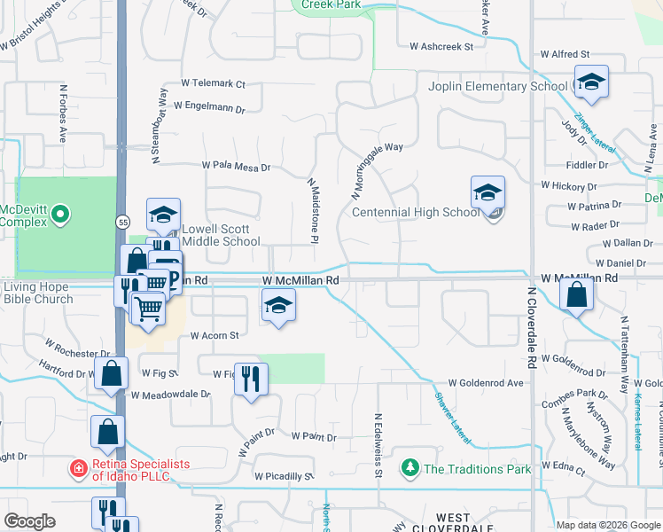 map of restaurants, bars, coffee shops, grocery stores, and more near 4866 North Maidstone Place in Boise